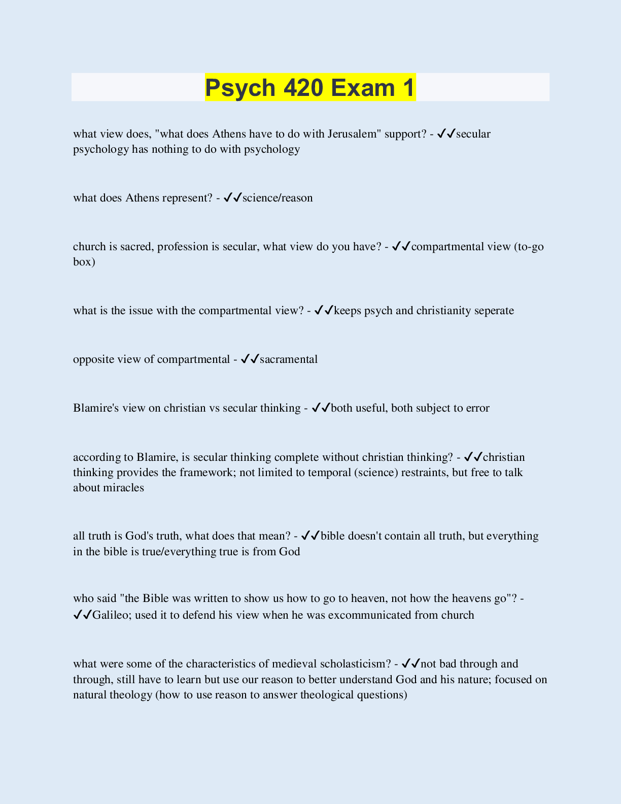 Preview of Psych 420 Exam 1 | 45 Questions with 100% Correct Answers | Updated & Verified